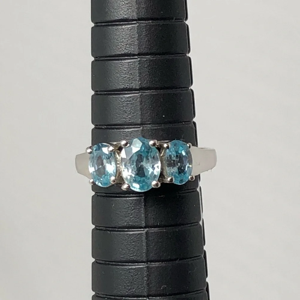 Blue Cambodian Zircon Ring Size 6 Three Stone Rhodium Over Sterling Silver